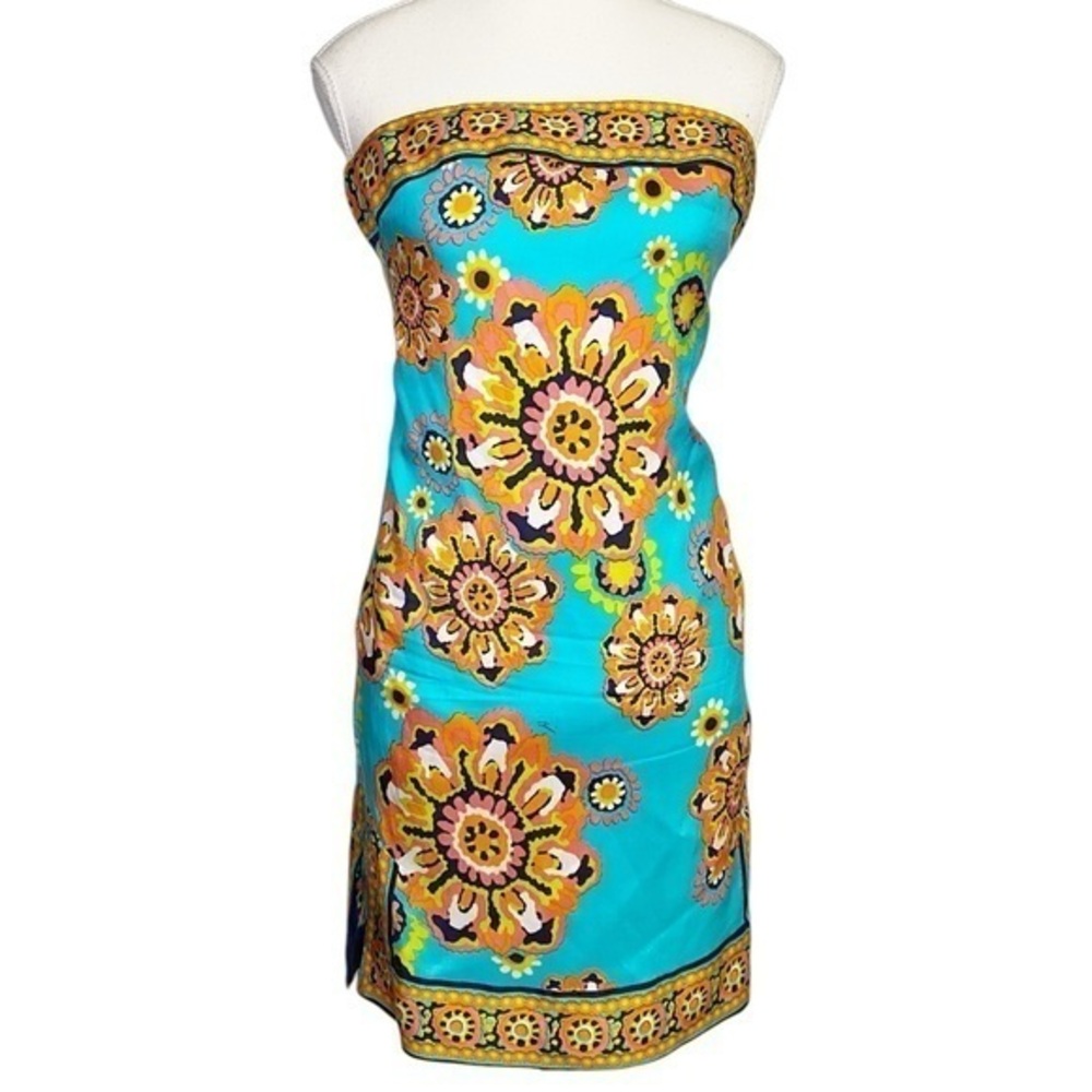 TRINA TURK Blue Floral 100% Silk Strapless Mini Dress